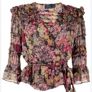 Polo by Ralph Lauren Floral Wrap Blouse - Pink, Yellow, Black